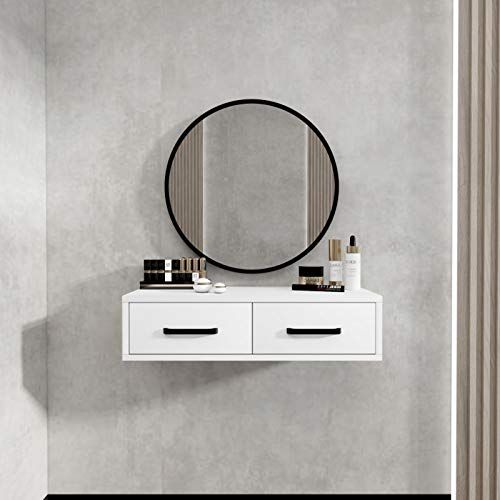 White Floating Vanity Desk with Matte Black Handles