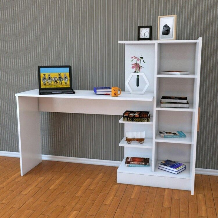 White study table with built-in tall bookshelf and open storage shelves