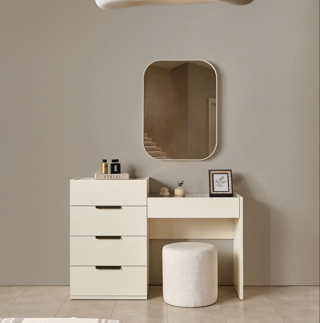 Cream dressing table with four-drawer chest and vanity desk