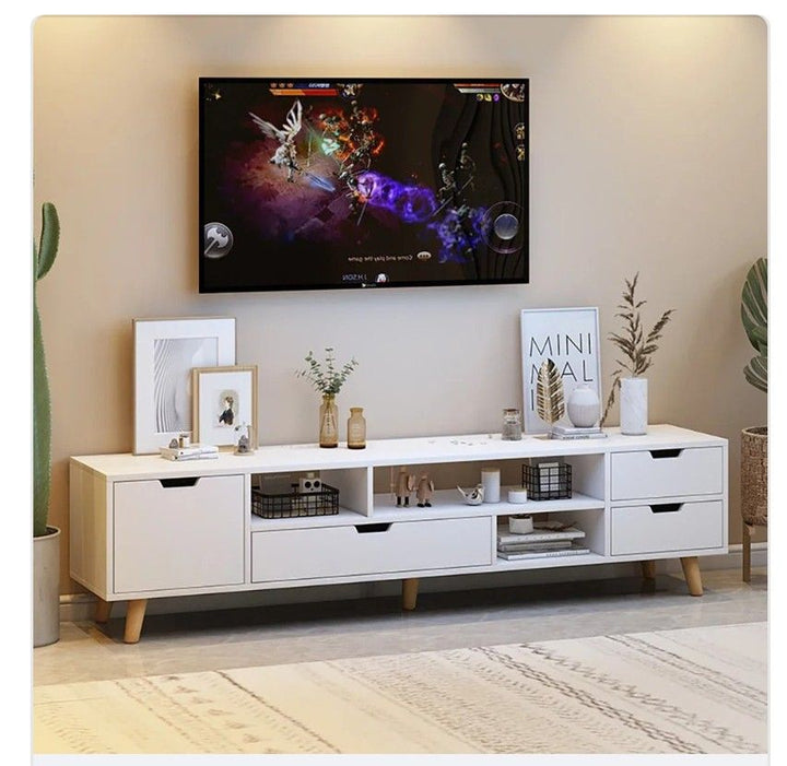 Pure White Low-Profile TV Stand with Wooden Legs
