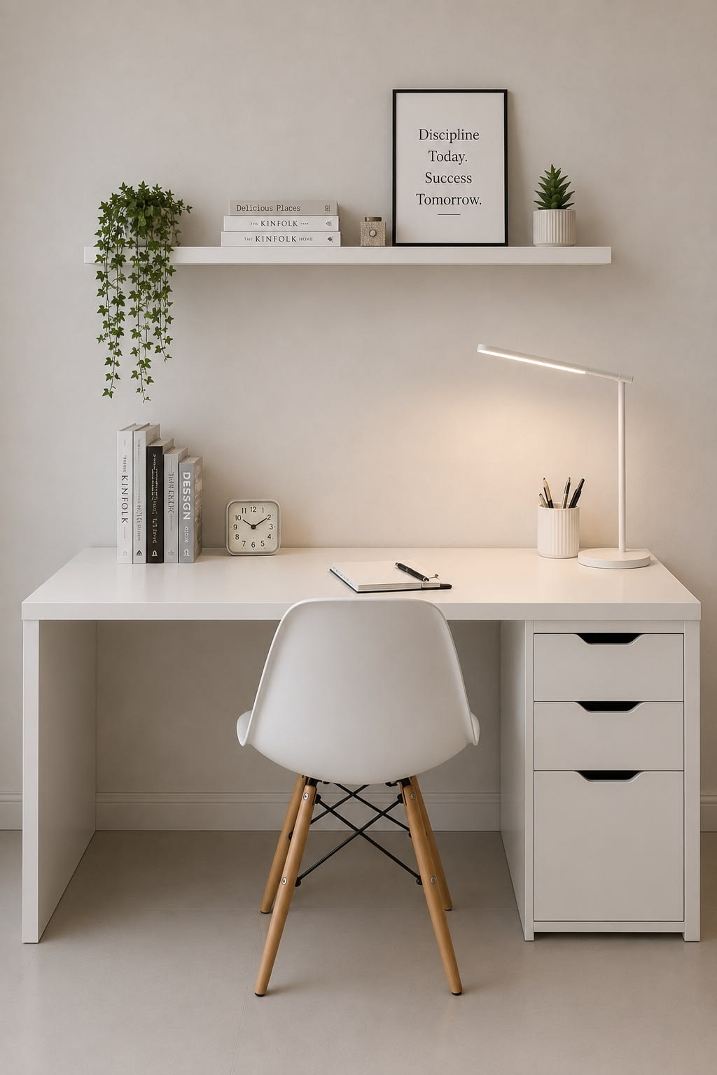 Minimalist white study table with three side drawers