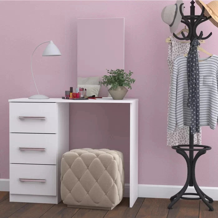 ORBEK – White Sleek Three Drawer Vanity Desk With Mirror