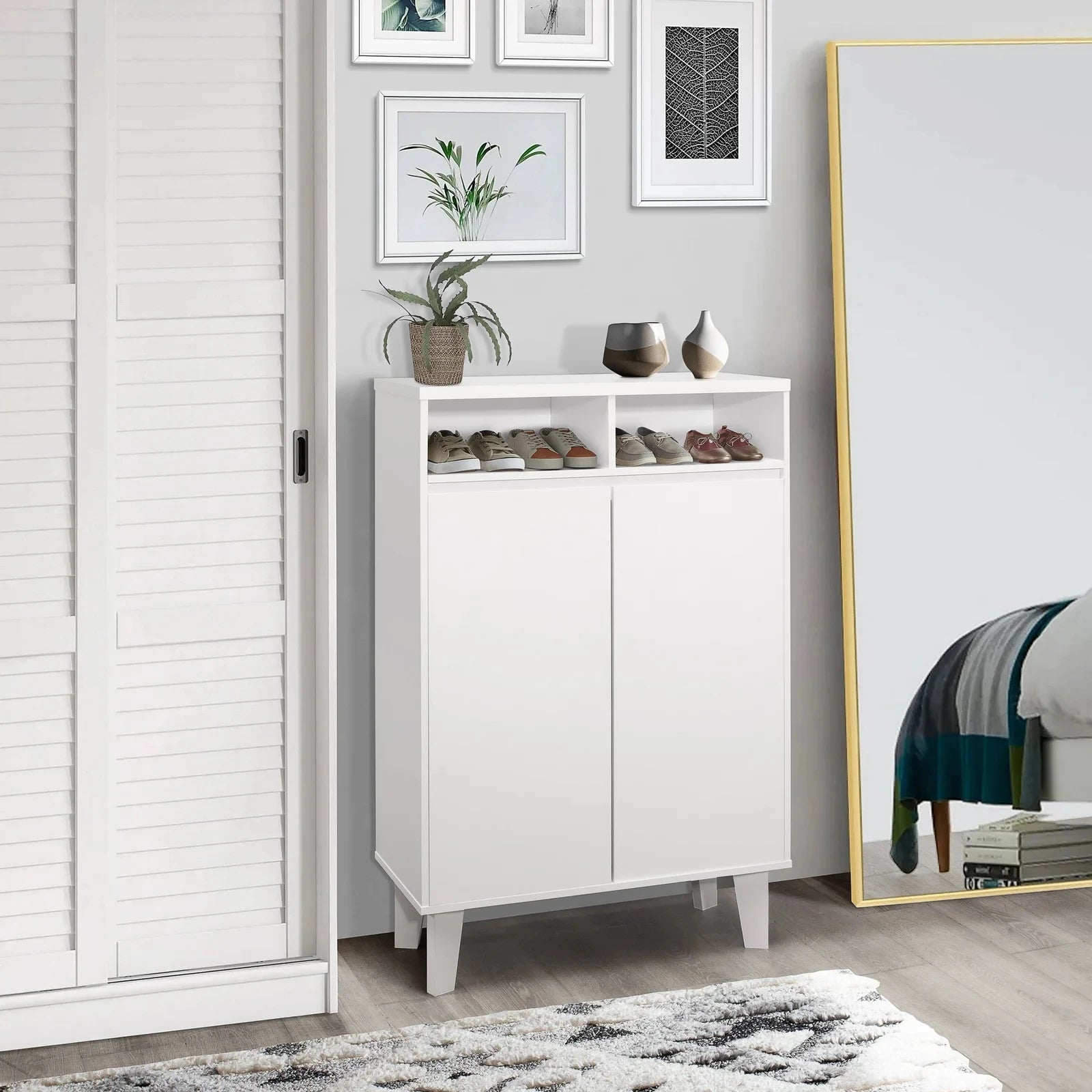 WEILER – White Shoe Storage Cabinet with Open Shelves