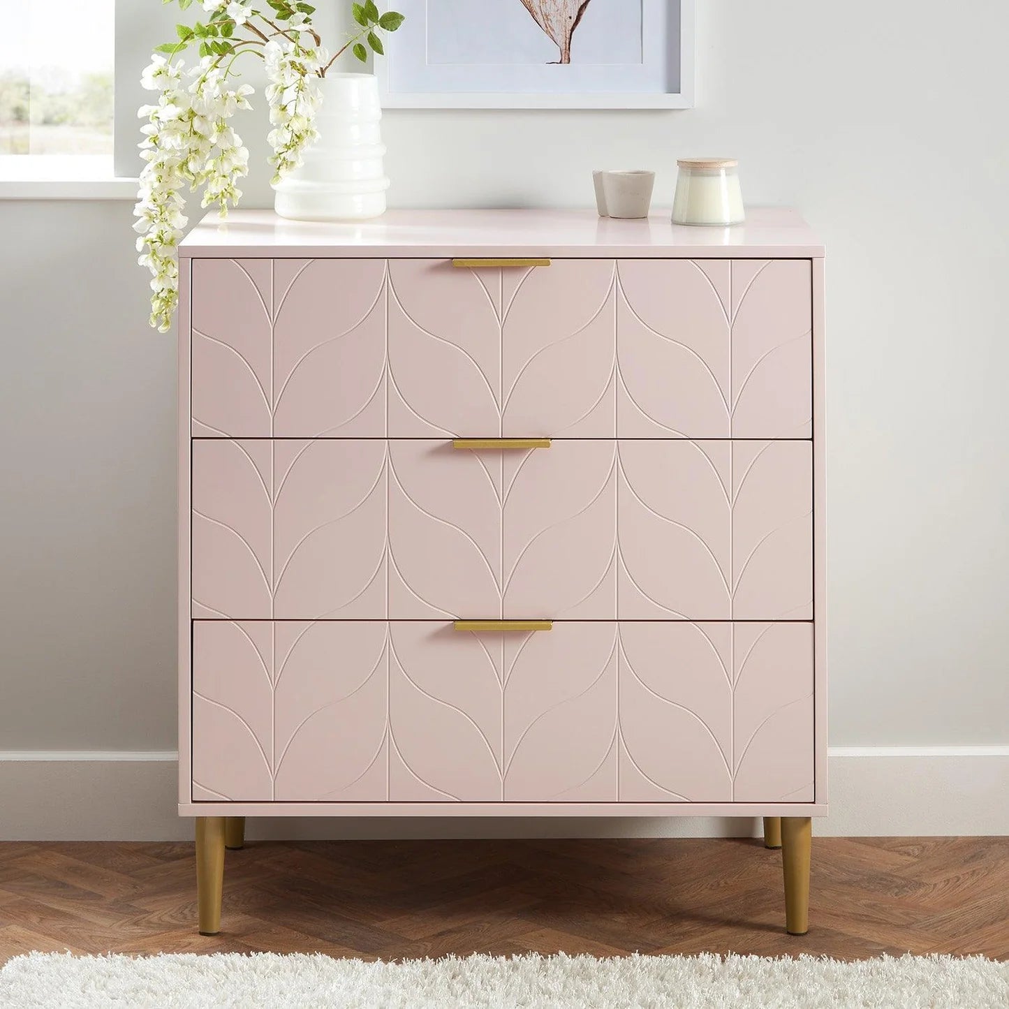 3 Drawer Chest of Drawers - Blush Pink & Brass Effect