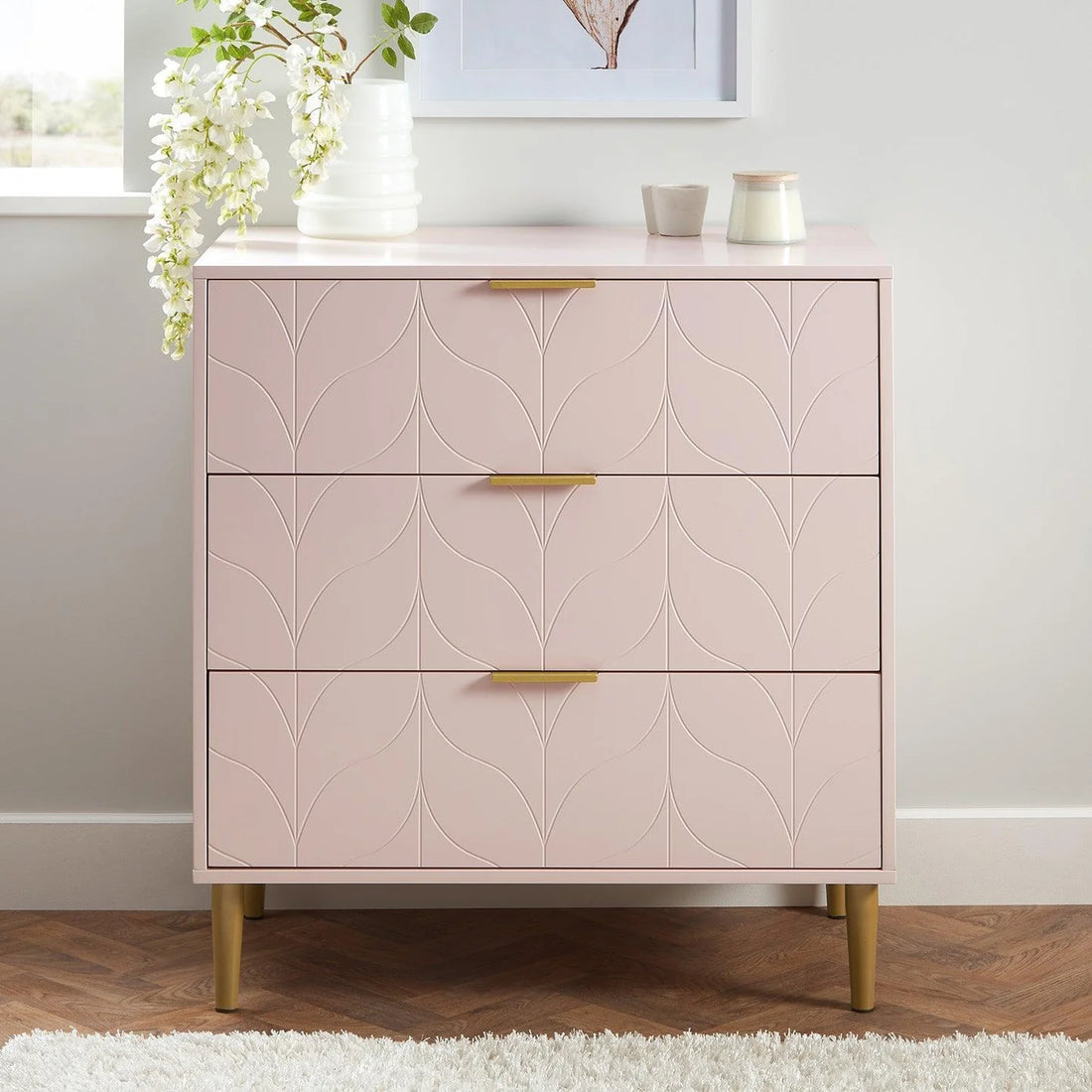 3 Drawer Chest of Drawers - Blush Pink & Brass Effect