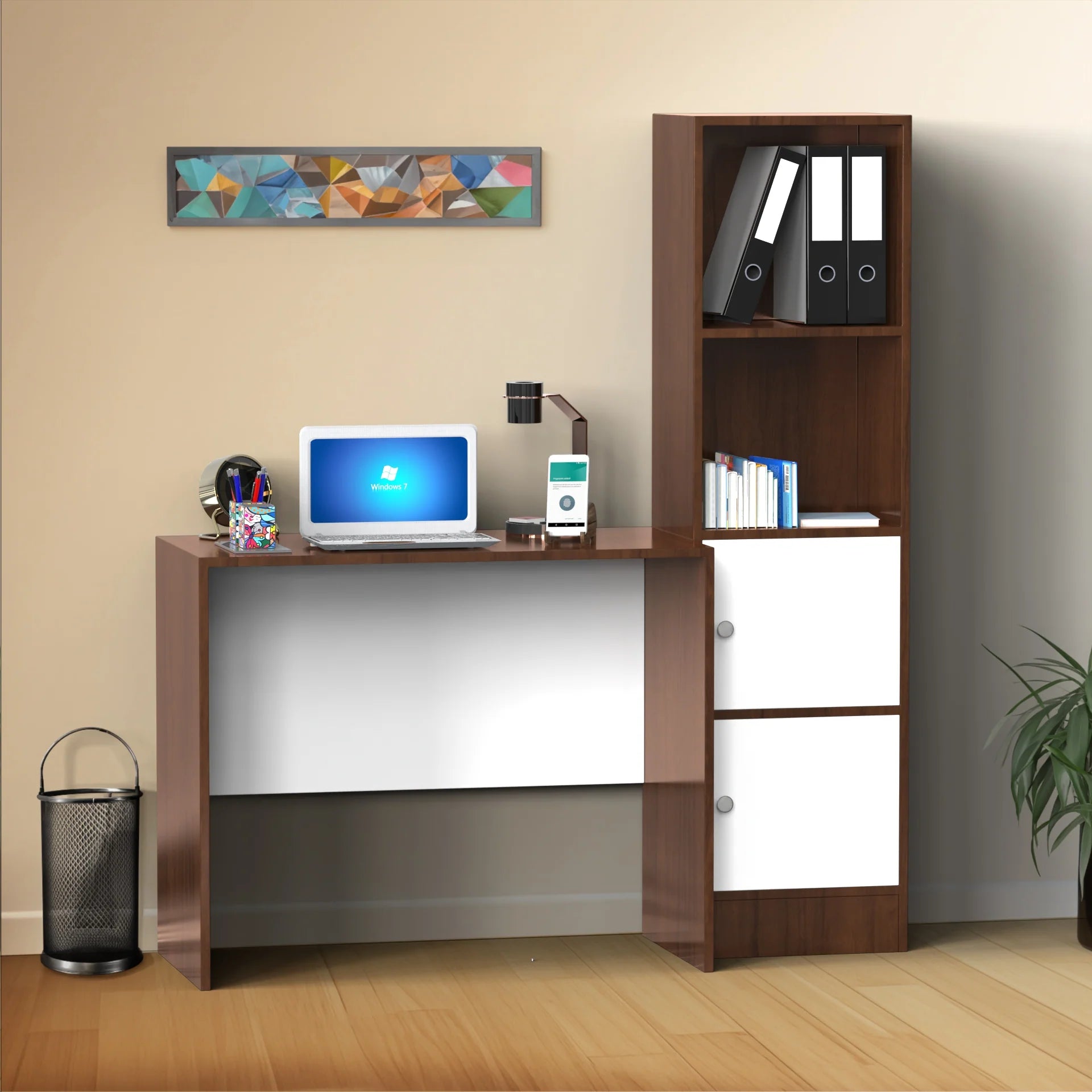Carter Study Table with Bookshelf (Grande) - Brazilian Walnut and Frosty White