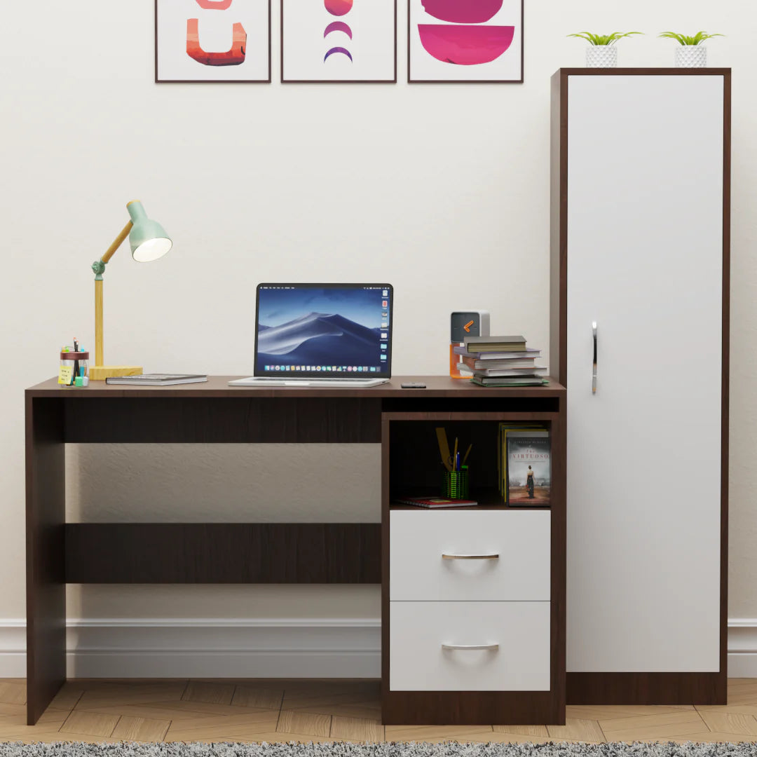 Apricus Wooden Study Table with Bookshelf - Brazilian Walnut and Frosty White