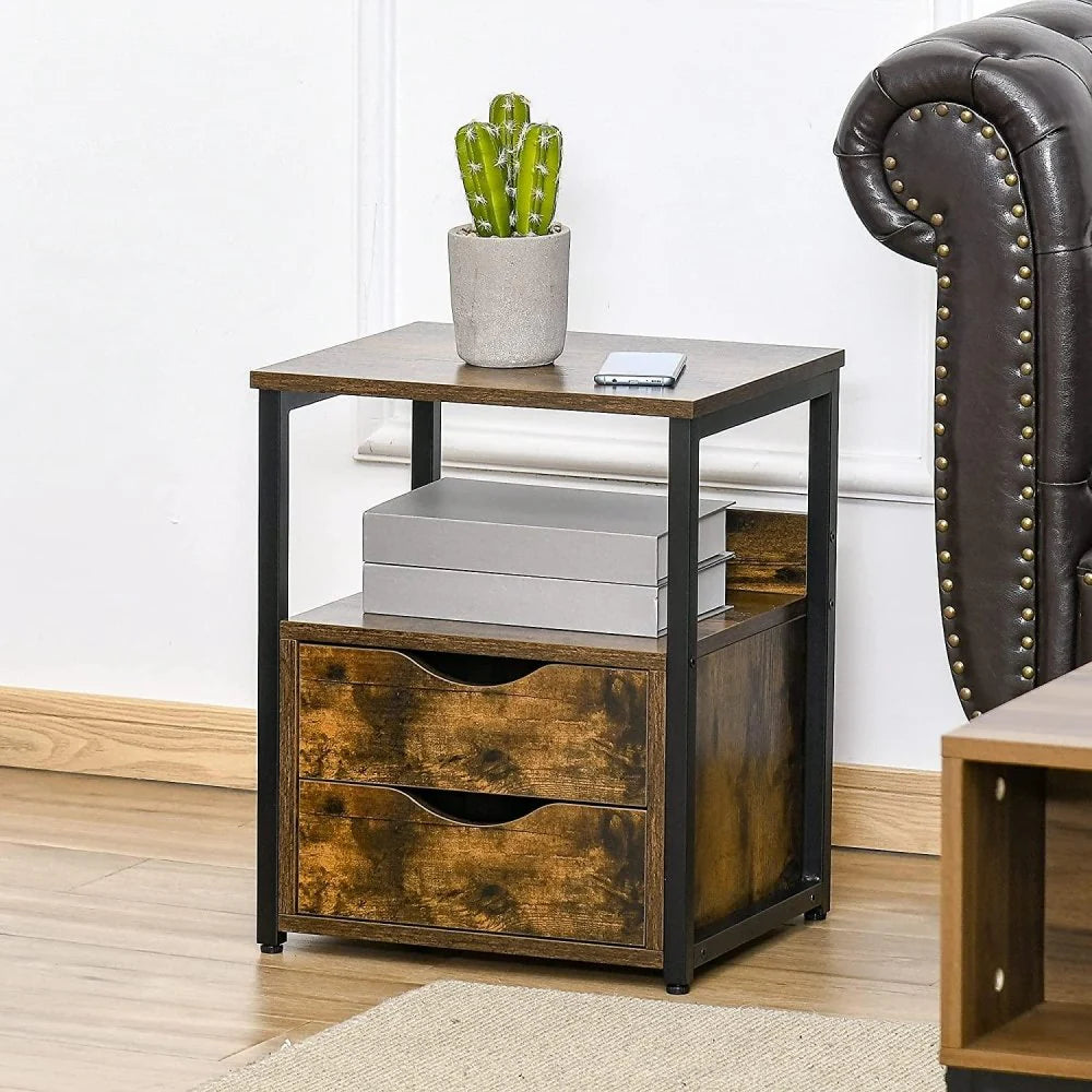 Industrial Side Table with 2 Storage Drawers for Living Room