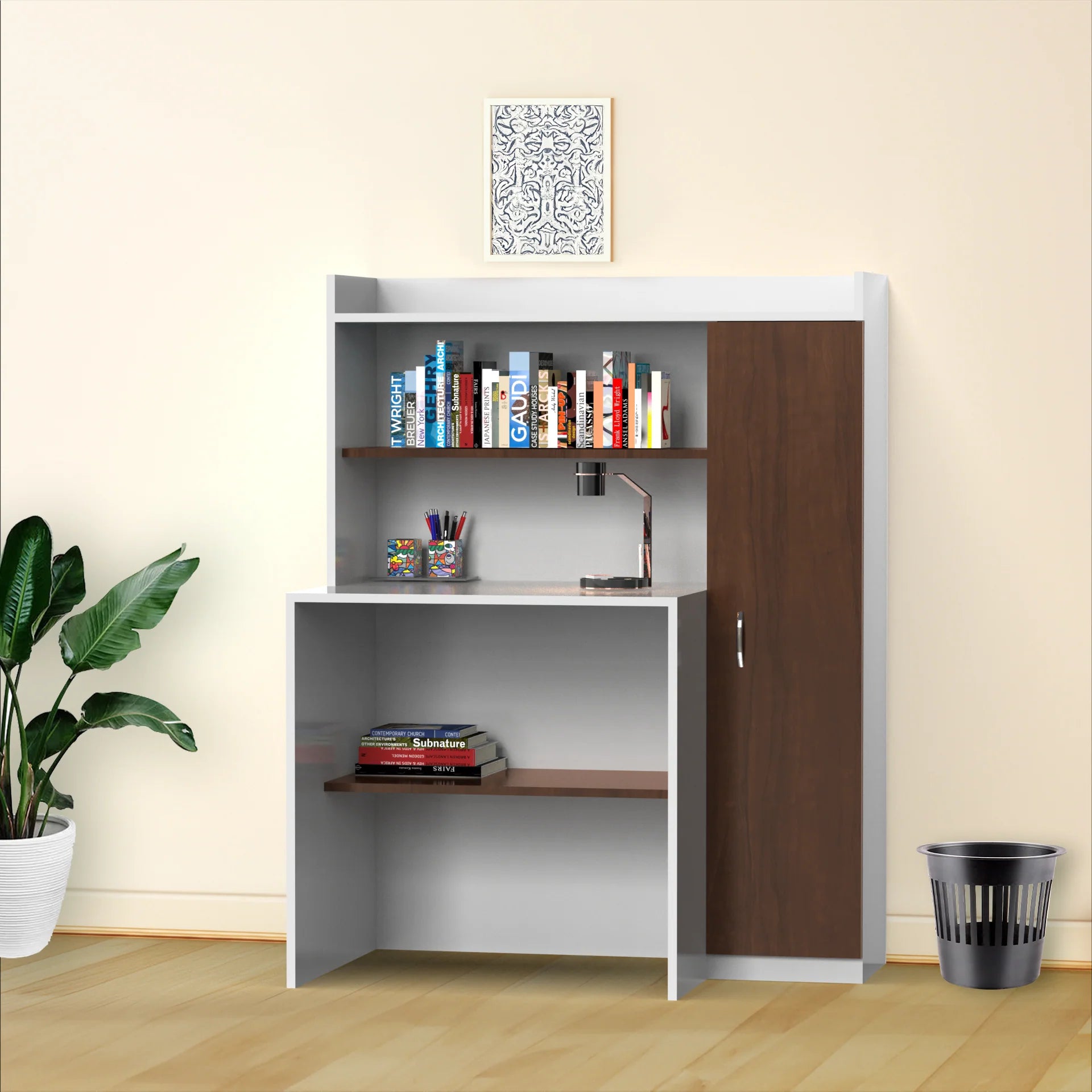 Carvin Study Table with Storage and BookShelf - Brazilian Walnut and Frosty White