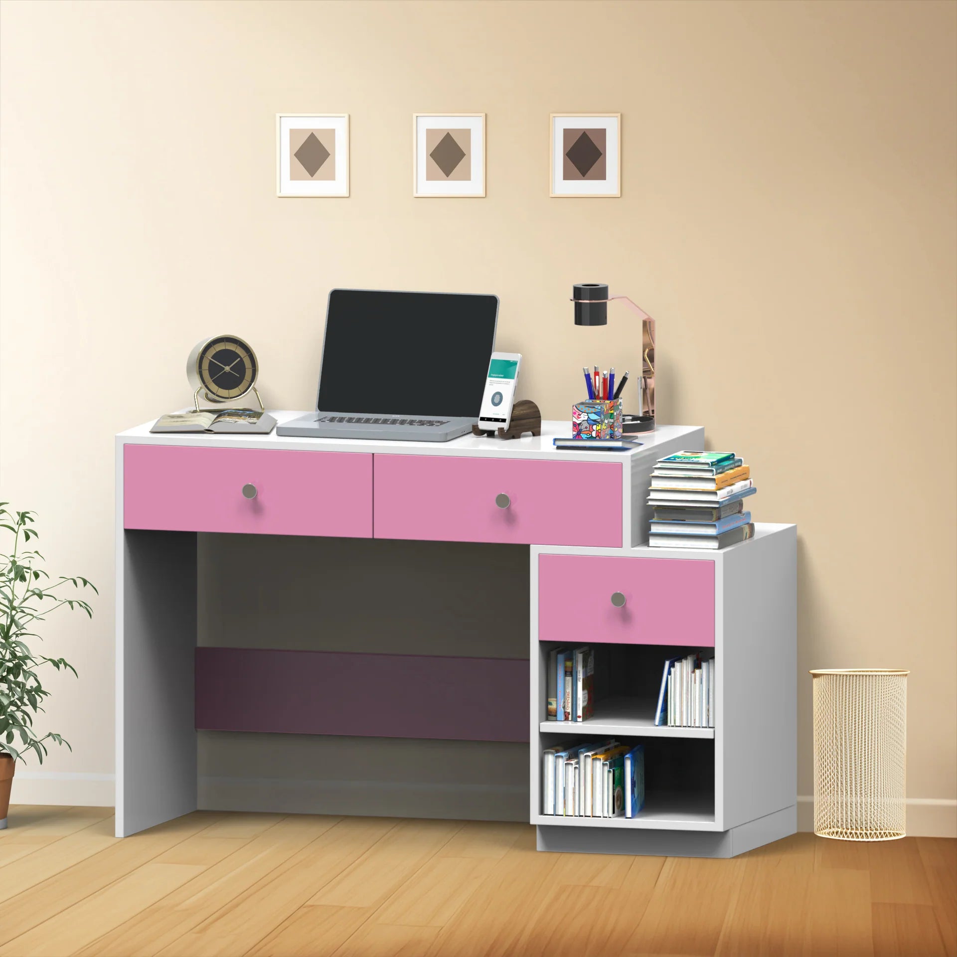 Victor Study Table with Drawers and Storage - Hutch Pink and Frosty White