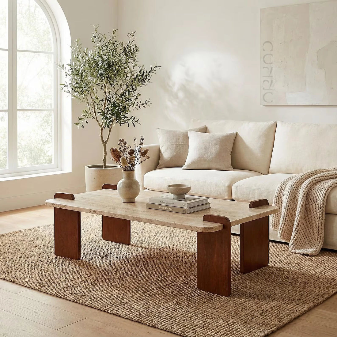 TRIVO – Travertine Center Table with Solid Wood Base