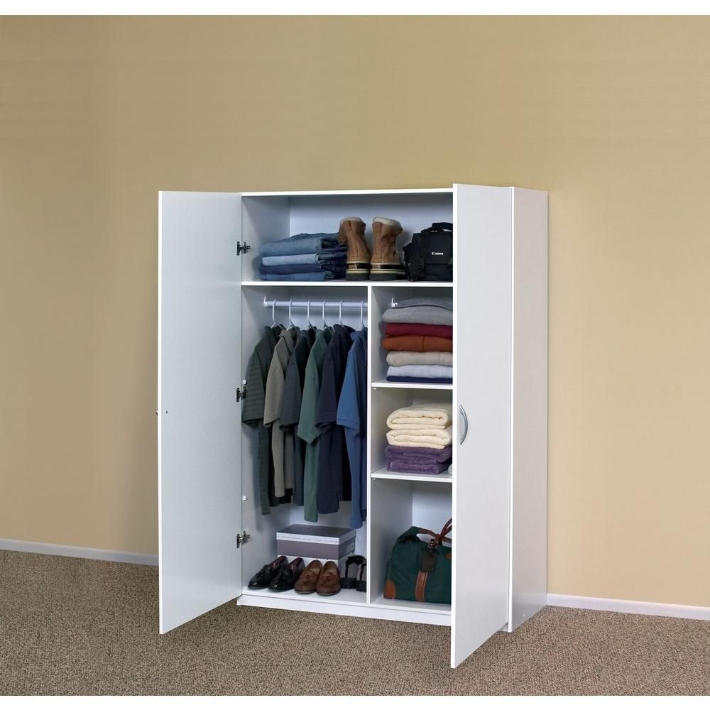 White two-door baby wardrobe with hanging rail and shelves
