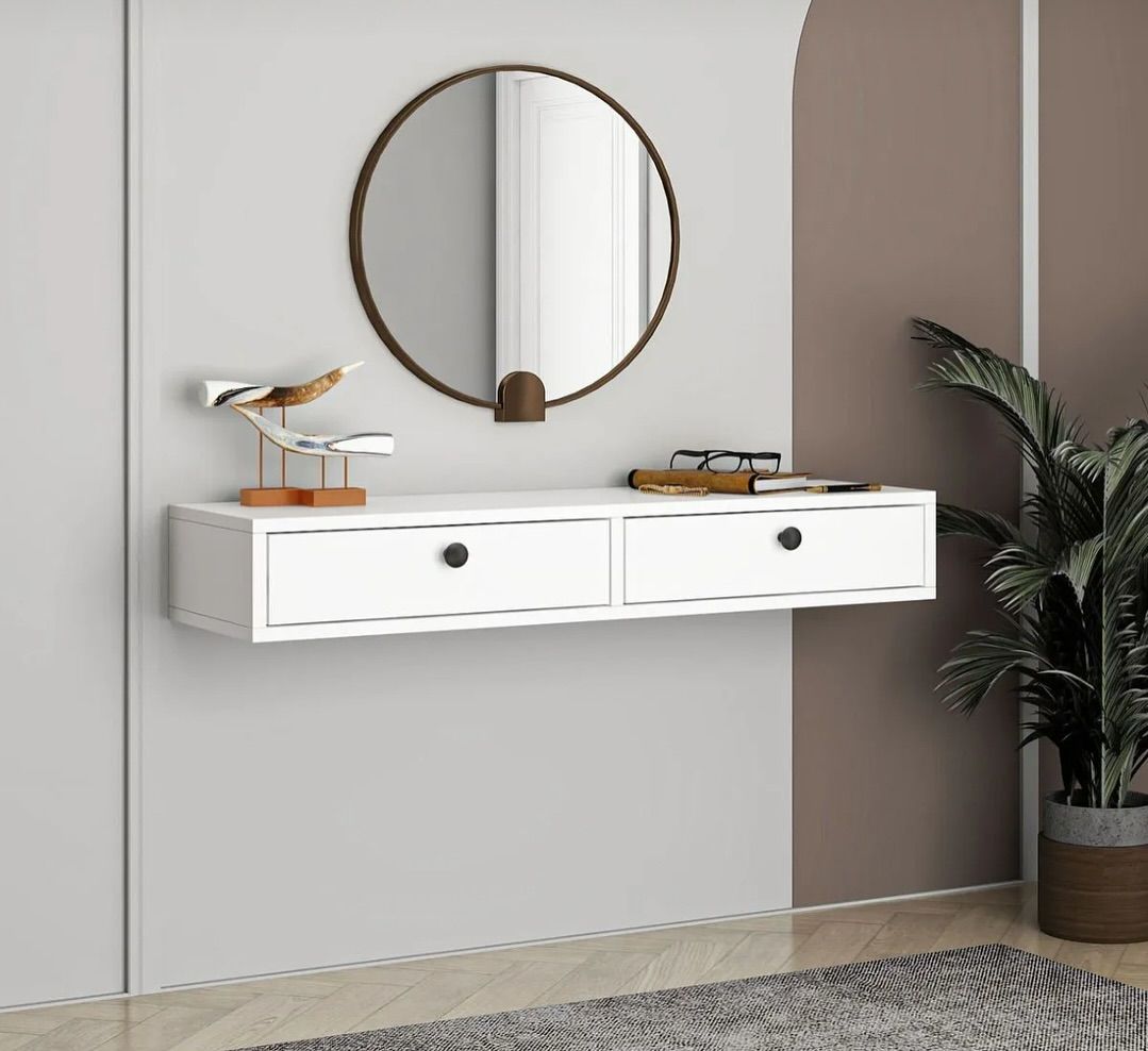 Clean White Floating Wall Console with Circular Knob Pulls
