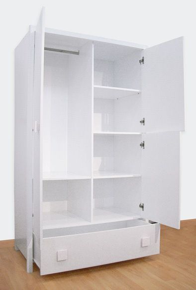 Glossy White Baby Wardrobe with Hanging Rail, Shelves & Drawer