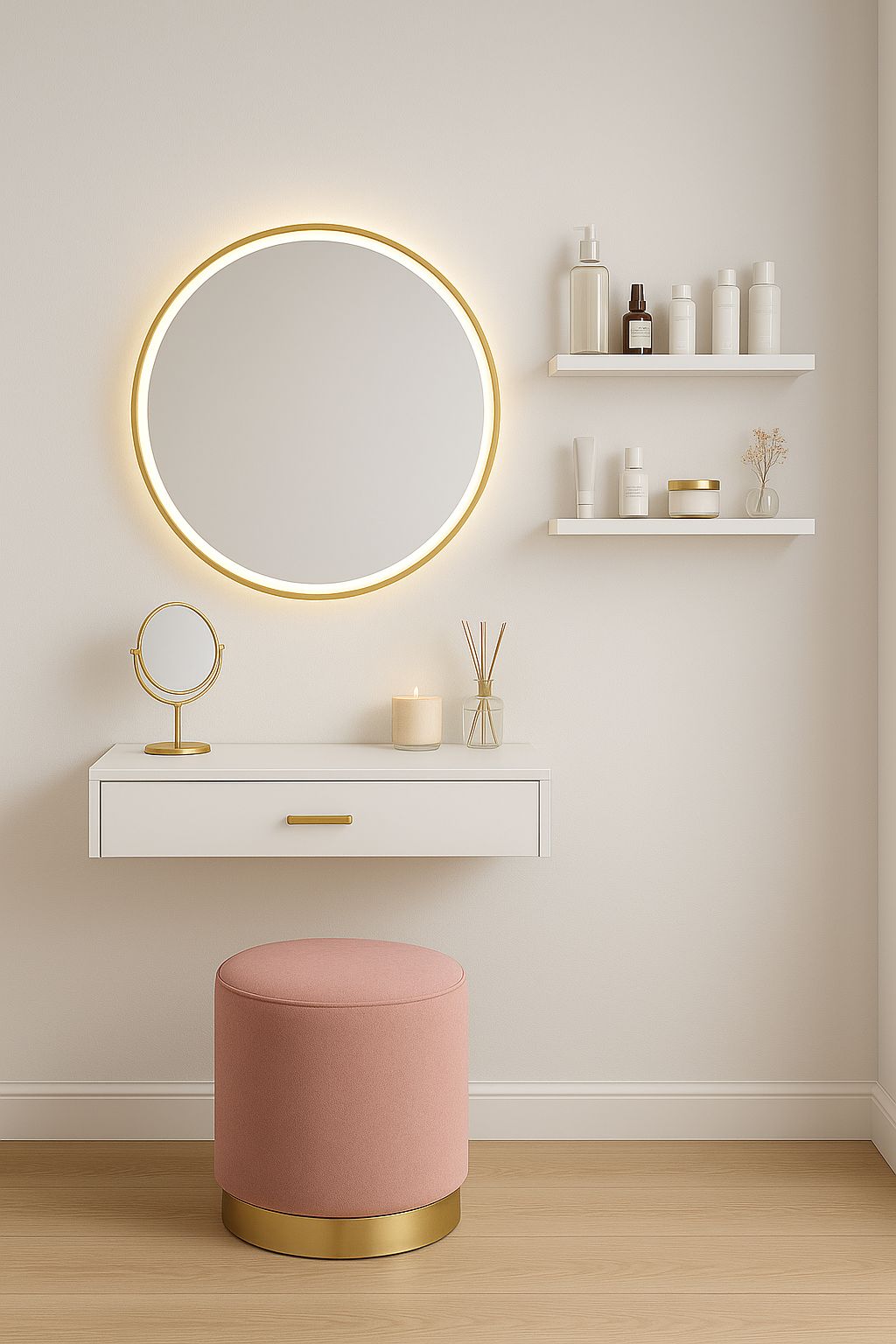 White Floating Vanity Desk with Brushed Gold Handle