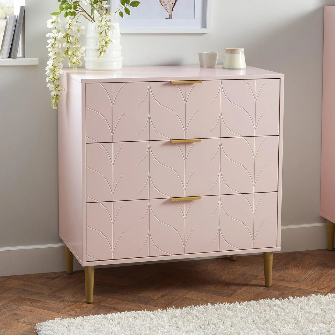 3 Drawer Chest of Drawers - Blush Pink & Brass Effect