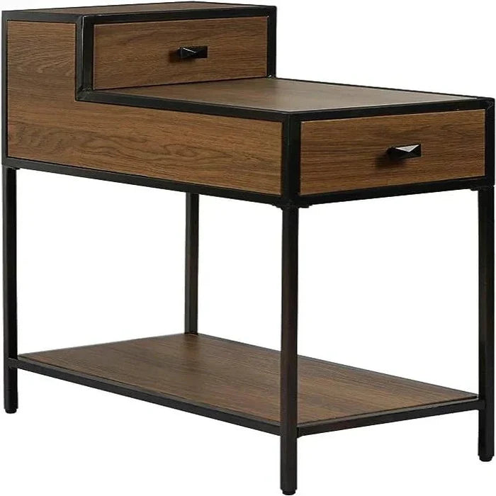 Table with Drawers ,Nightstand with Drawers and Shelf, Metal Frame End Table