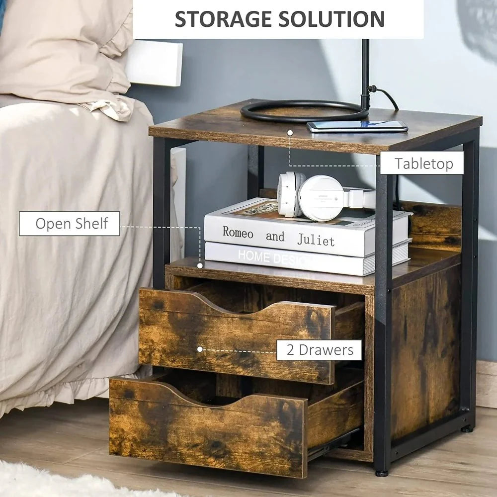 Industrial Side Table with 2 Storage Drawers for Living Room