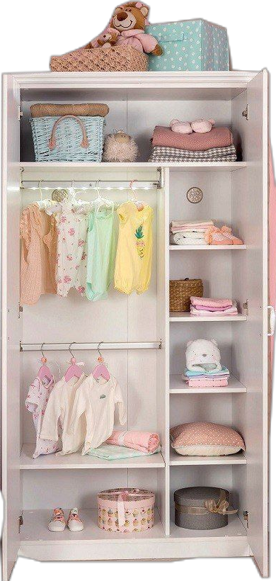 White two-door baby wardrobe with double hanging rails and shelves