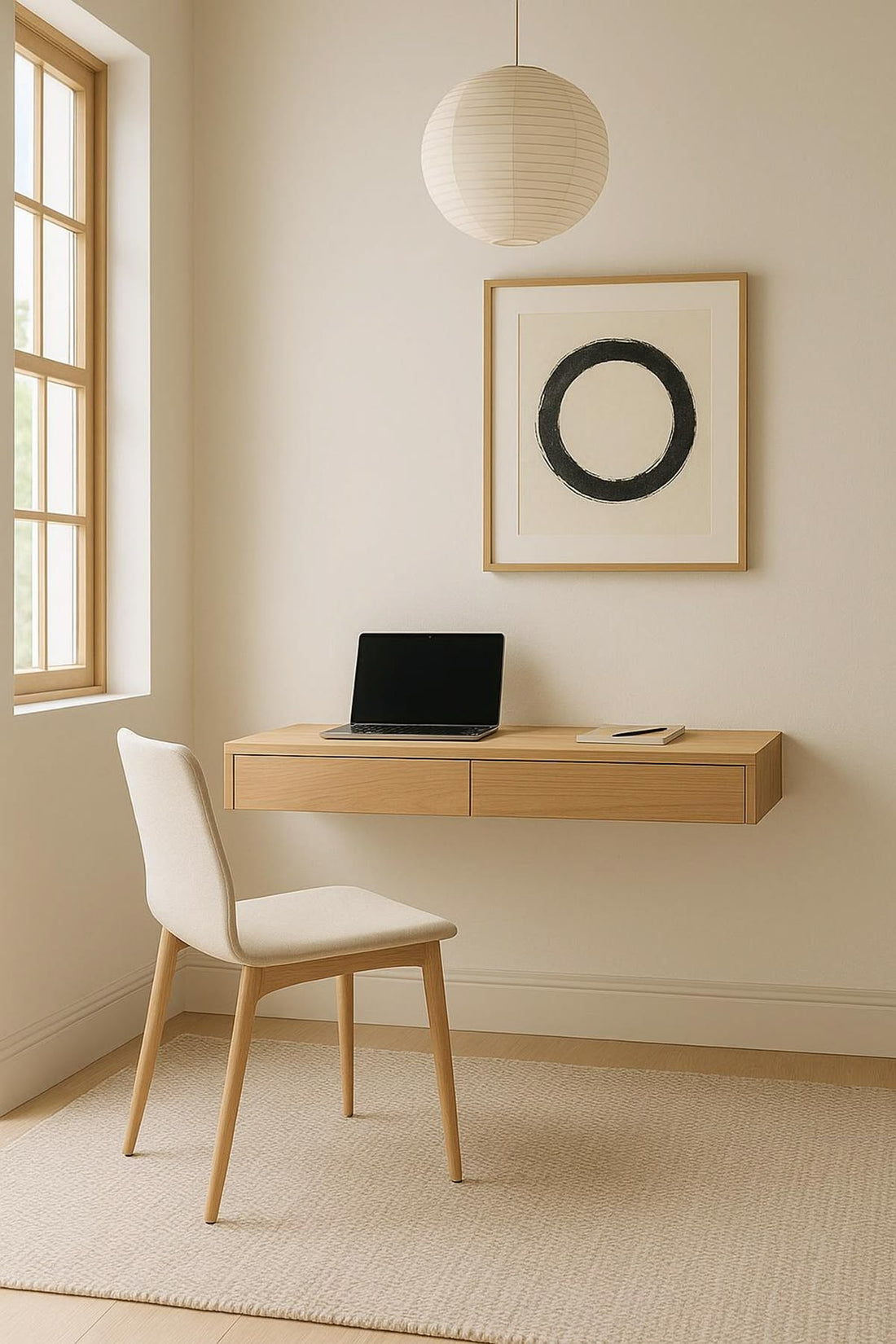 Natural Oak Floating Desk with Dual Concealed Drawers