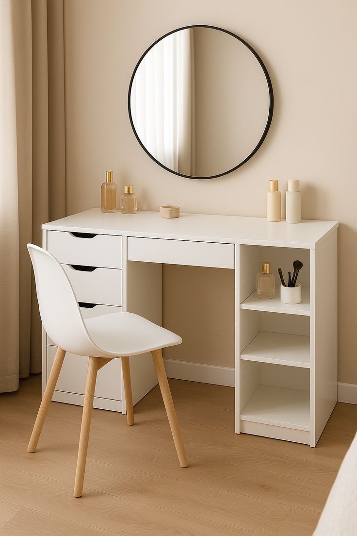 White dressing table with four drawers and three open shelves