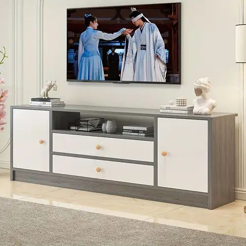 Slate Grey & White Modern TV Stand with Dual Side Cabinets