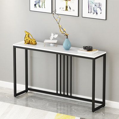 White Marble-Look Top Console Table with Black Steel Frame