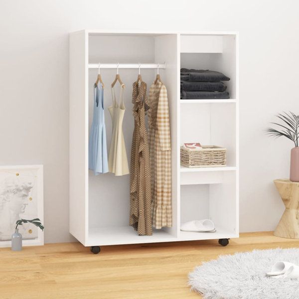 White open rolling wardrobe with hanging rail and three cubbies