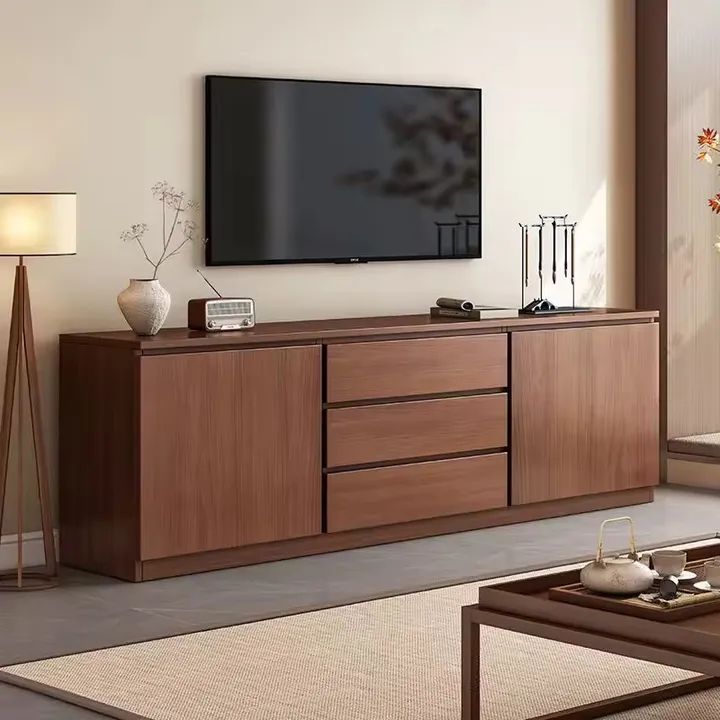 Rich Walnut Wood Grain 3-Drawer TV Stand with Side Cabinets