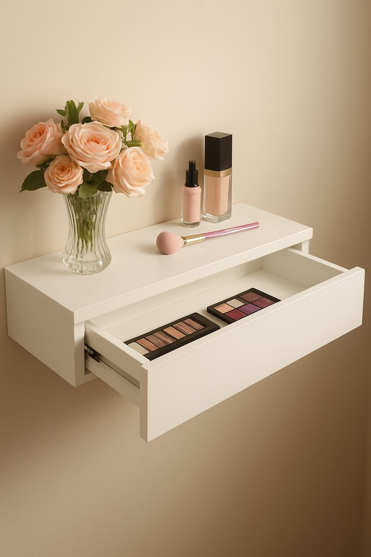 Floating White Cosmetic Drawer Organizer & Prep Ledge