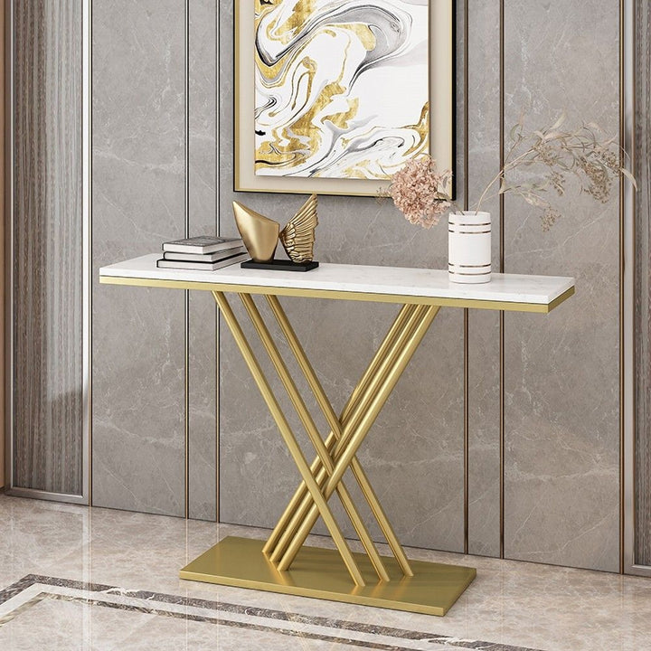 Narrow Marble-Look Hallway Table on Flat Gold Pedestal