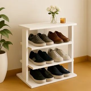 Compact 4-Tier White Wooden Shoe Rack Organizer