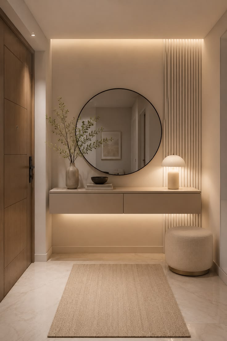 Modern Beige Floating Entryway Console with Dual Drawers