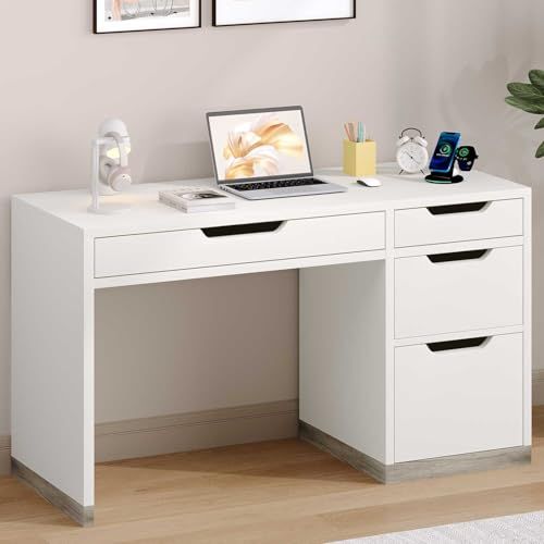 Modern White Computer Desk with Built-In Drawers & Storage