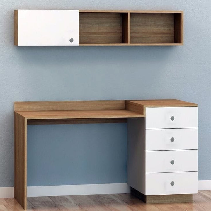 Modern Oak & White Wall-Mounted Bookshelf with Study Desk