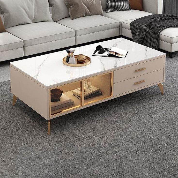 Faux Marble Top Coffee Table with Glass Display & Gold Legs