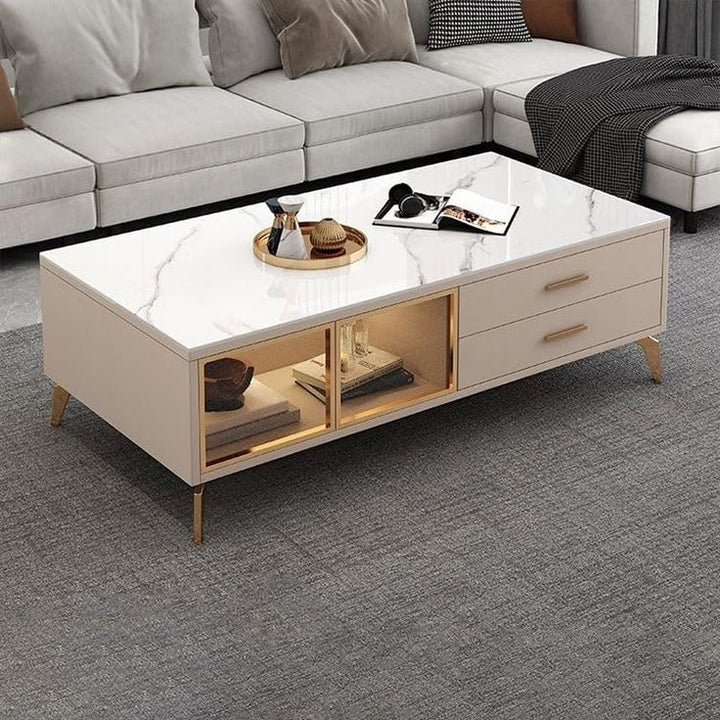 Faux Marble Top Coffee Table with Glass Display & Gold Legs