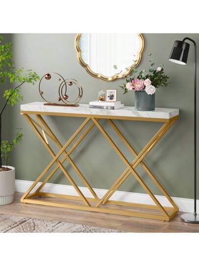 Modern Geometric X-Frame Entryway Table in Brass Finish