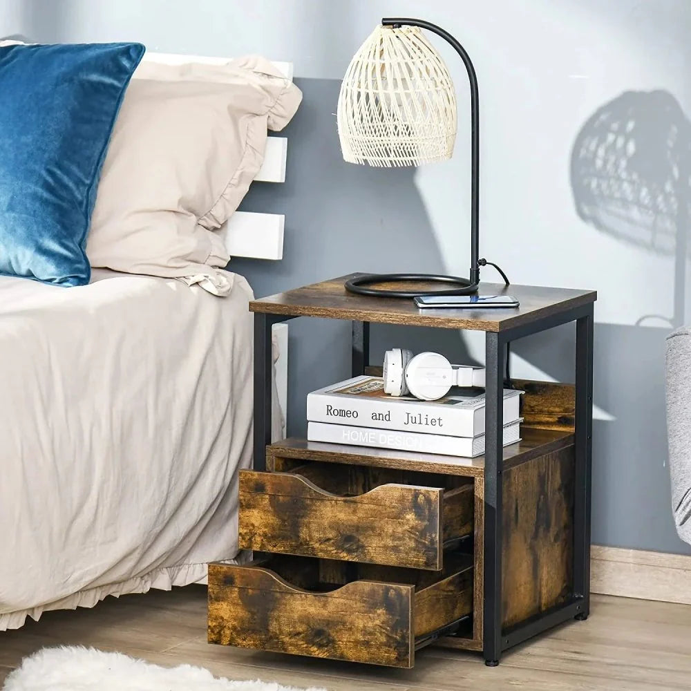 Industrial Side Table with 2 Storage Drawers for Living Room