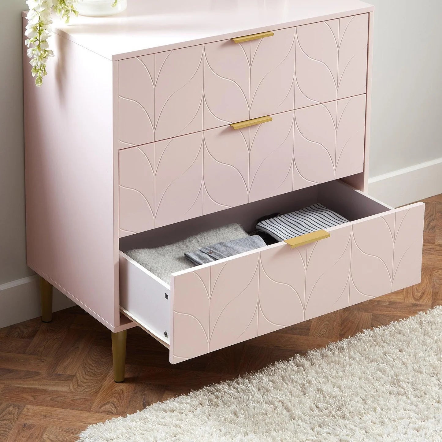 3 Drawer Chest of Drawers - Blush Pink & Brass Effect