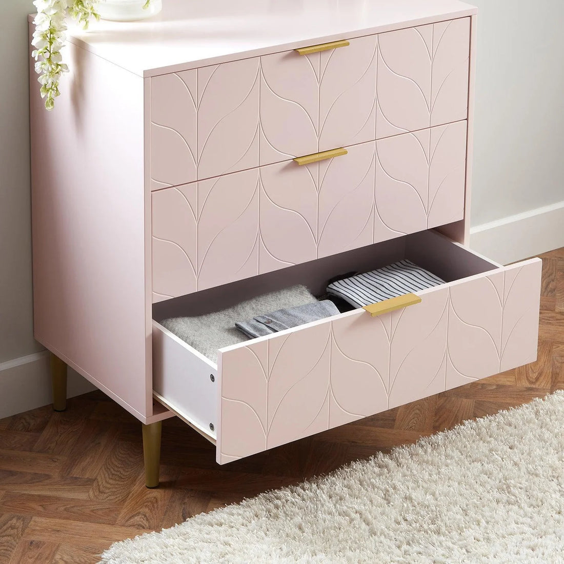 3 Drawer Chest of Drawers - Blush Pink & Brass Effect