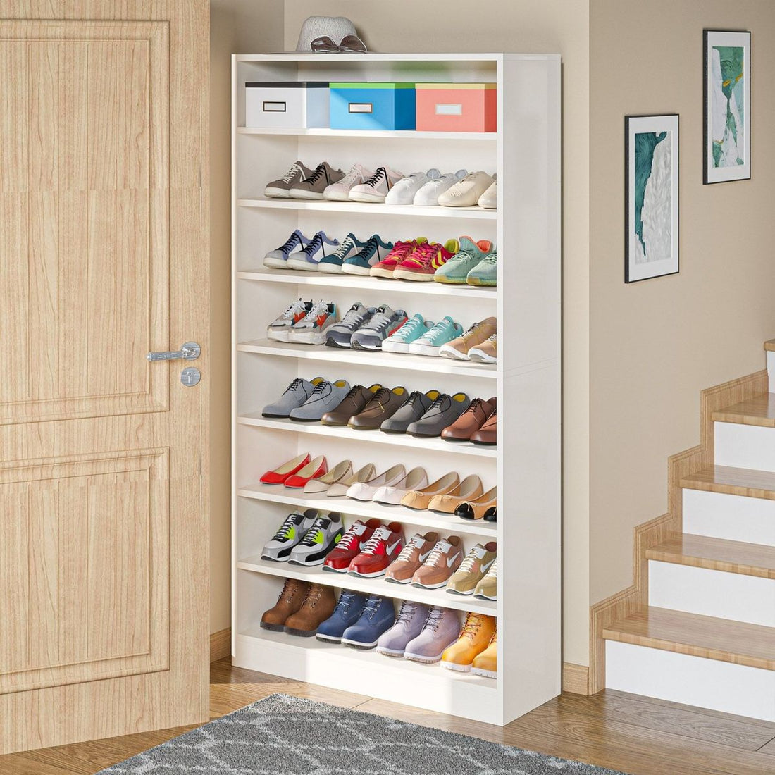 Pure White 9-Tier Tall Shoe Rack Cabinet for Entryways