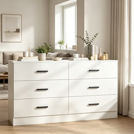 Pure White 6-Drawer Double-Column Credenza Dresser