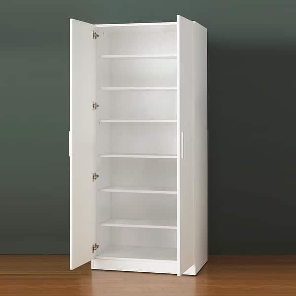 Tall white two-door baby wardrobe with multiple shelves