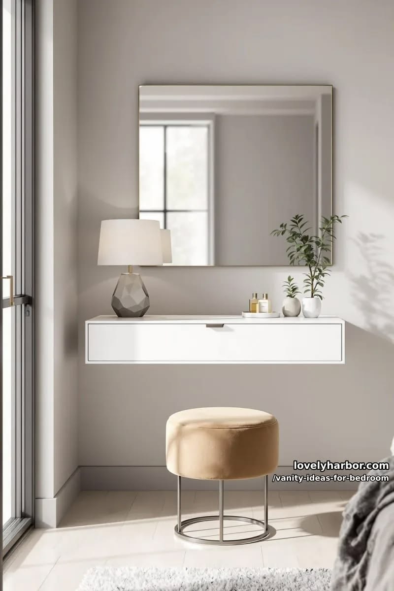 White Floating Vanity Table with Slim Top-Edge Tab Pull