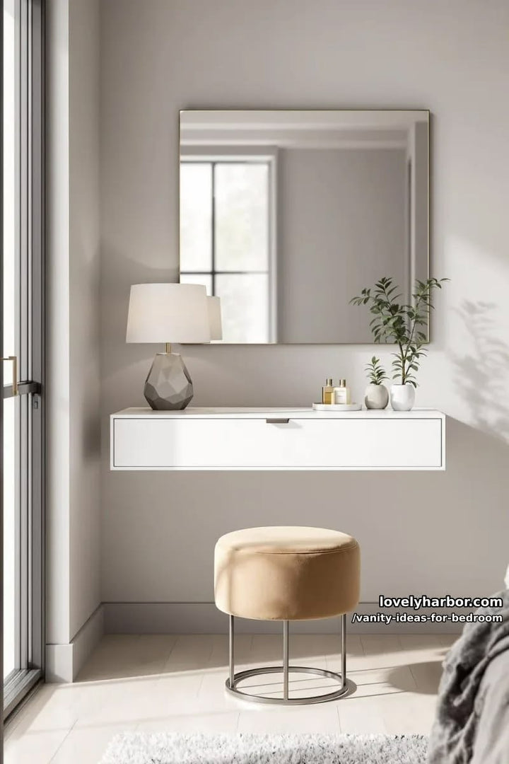 White Floating Vanity Table with Slim Top-Edge Tab Pull