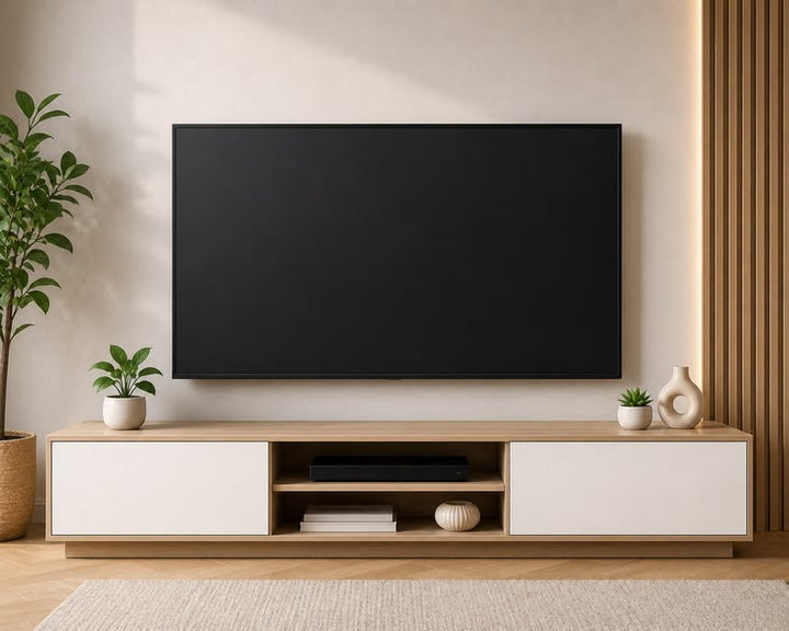 Japandi Style Two-Tone Media Console with Open AV Shelf