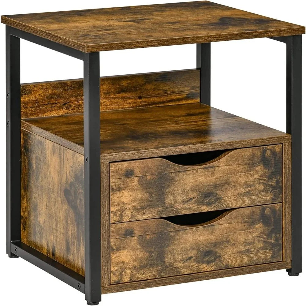 Industrial Side Table with 2 Storage Drawers for Living Room
