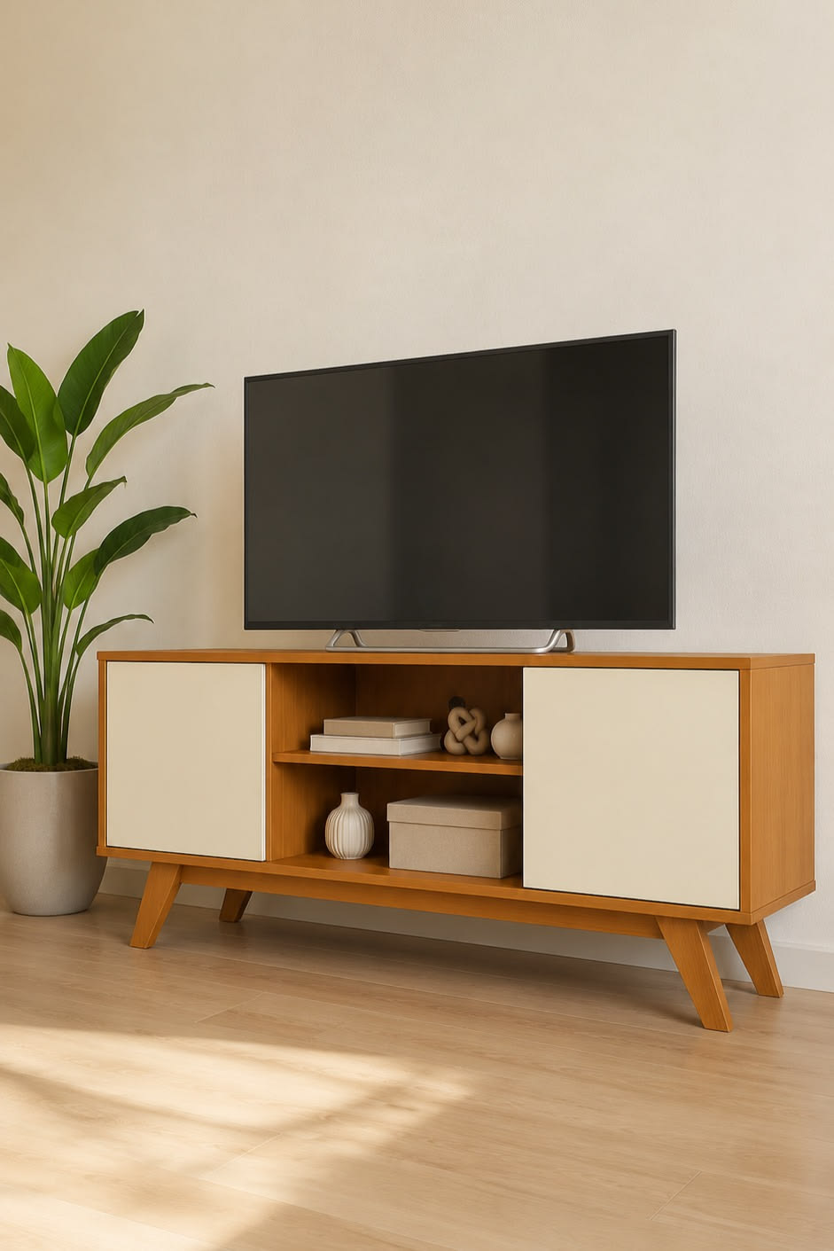 Mid-Century Warm Wood & Cream 2-Door TV Console