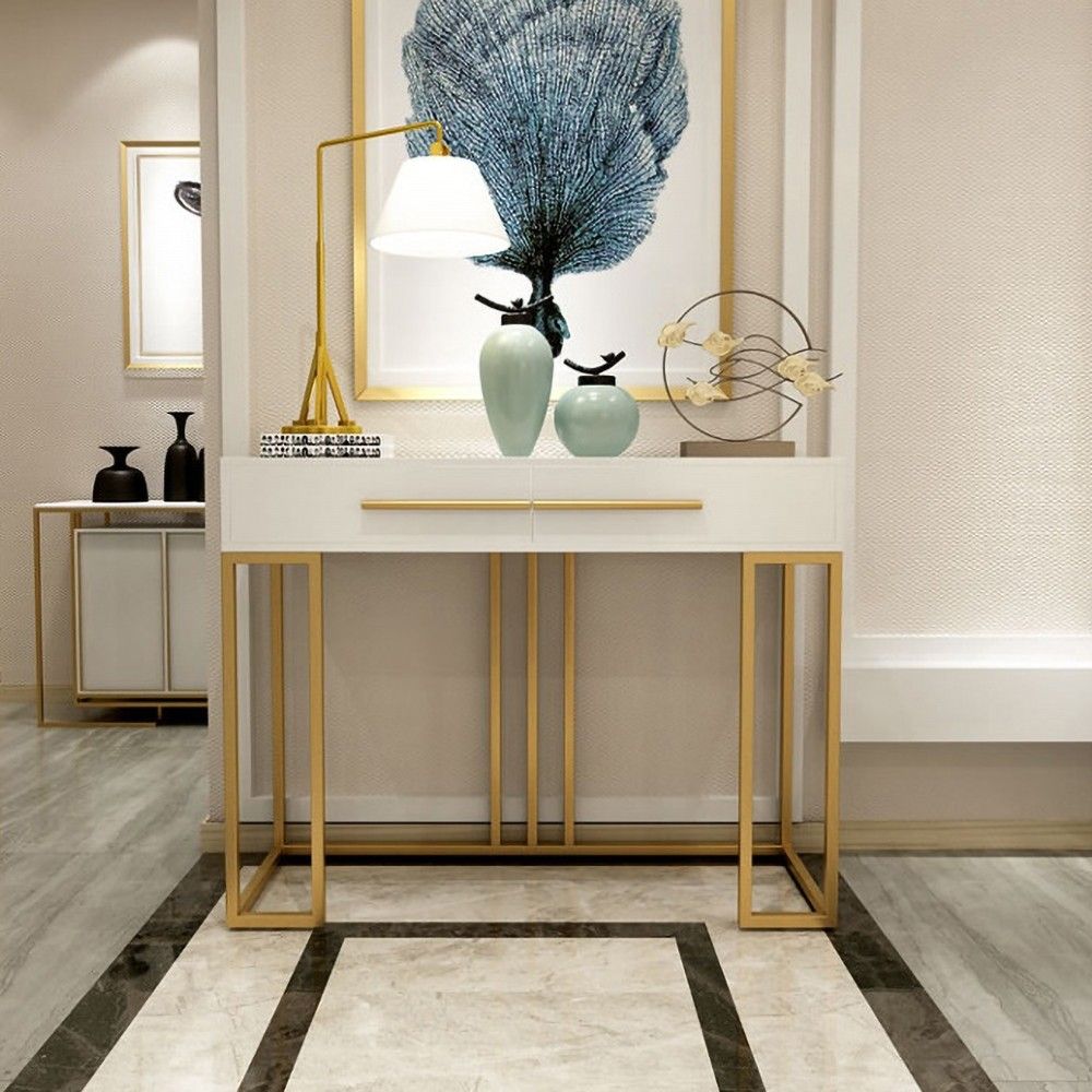 Dual-Drawer Entryway Foyer Table with Brass Hardware